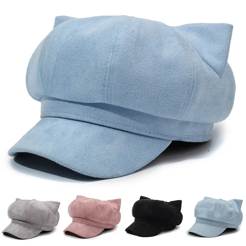 Women Cute Cat Ears Newsboy Cap Octagonal Beret Peaked Visor Hat Sweet Vintage Baker Boy Hat for Autumn Winter Daily Street Wear