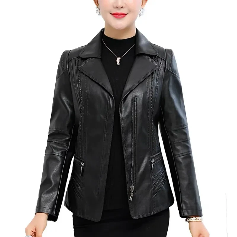 XL-7XL Women Leather Jacket Spring Autumn High End Short Faux Leather Motorcycle Windbreaker Coat Mother Zipper Overcoat