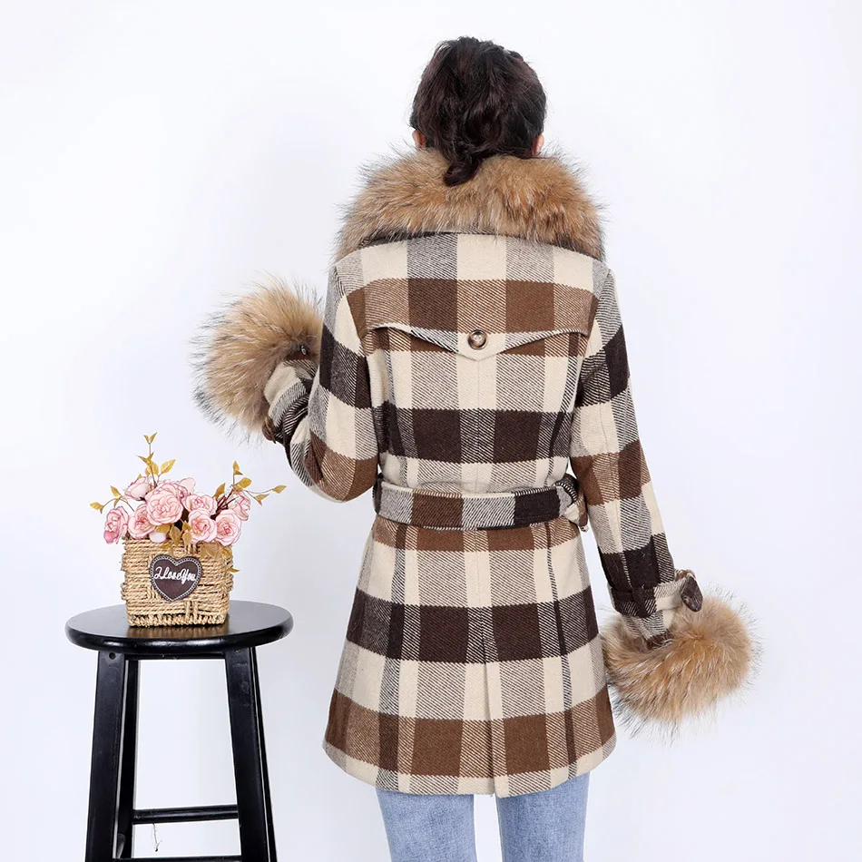 MaoMaoKong2020 plaid ladies coat leather raccoon oversized fur collar coat double-breasted winter pie overcoming female blazer