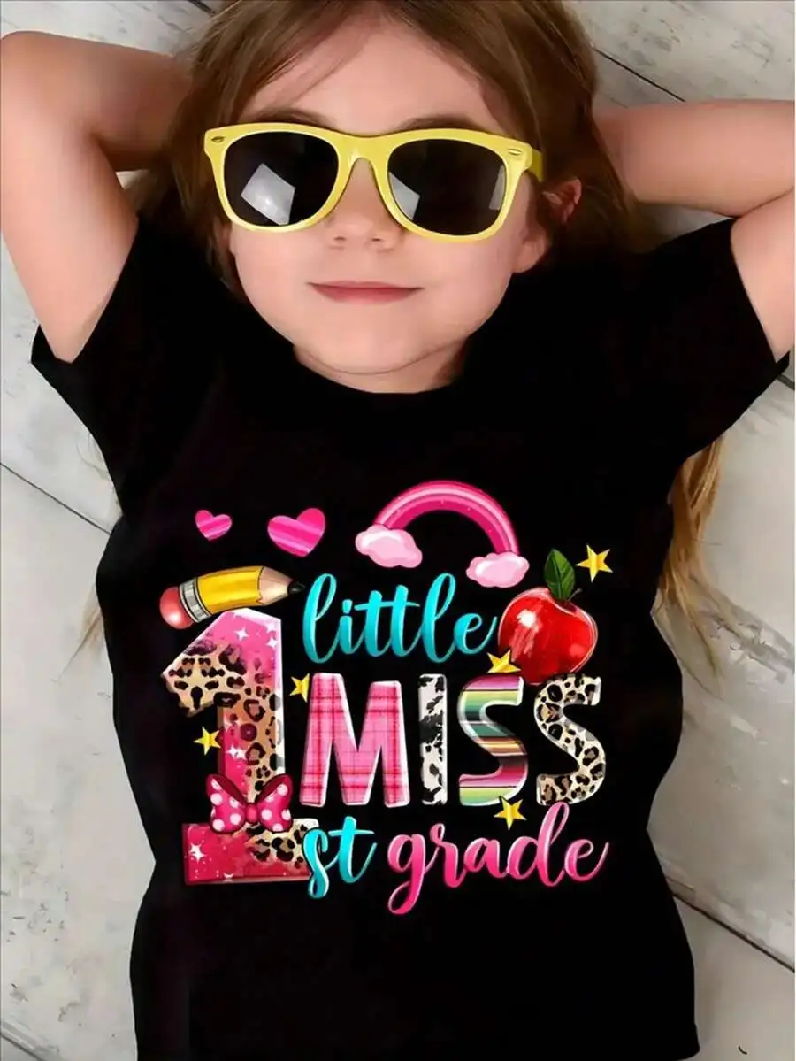 LITTLE MISS 1ST GRADE Print Short Sleeve T-Shirt, Comfy Casual Crew Neck Tops For Girls Summer