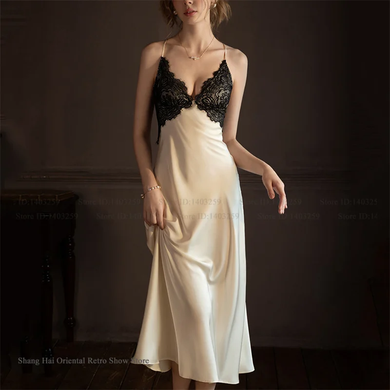Sexy Femlae Long Robe Nightgown 2PCS Set Spring Summer New Silk Satin Sleepwear Nightdress Lingerie Patchwork Lace Homewear - Image 4