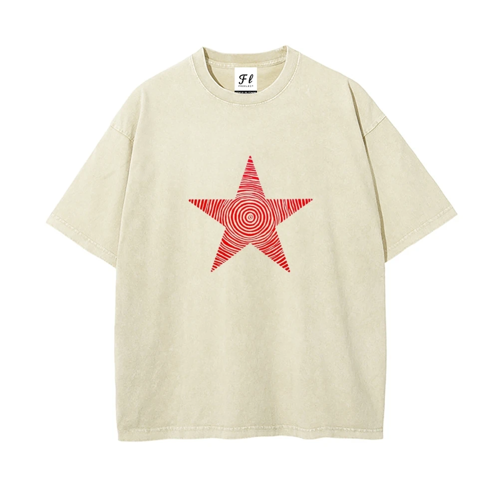 Damen- und Herren-Sommertrendartikel, Vintage-T-Shirt in gewaschenem Schwarz, klassisches rotes Fünfzack-Sternmuster, trendige, lockere Passform