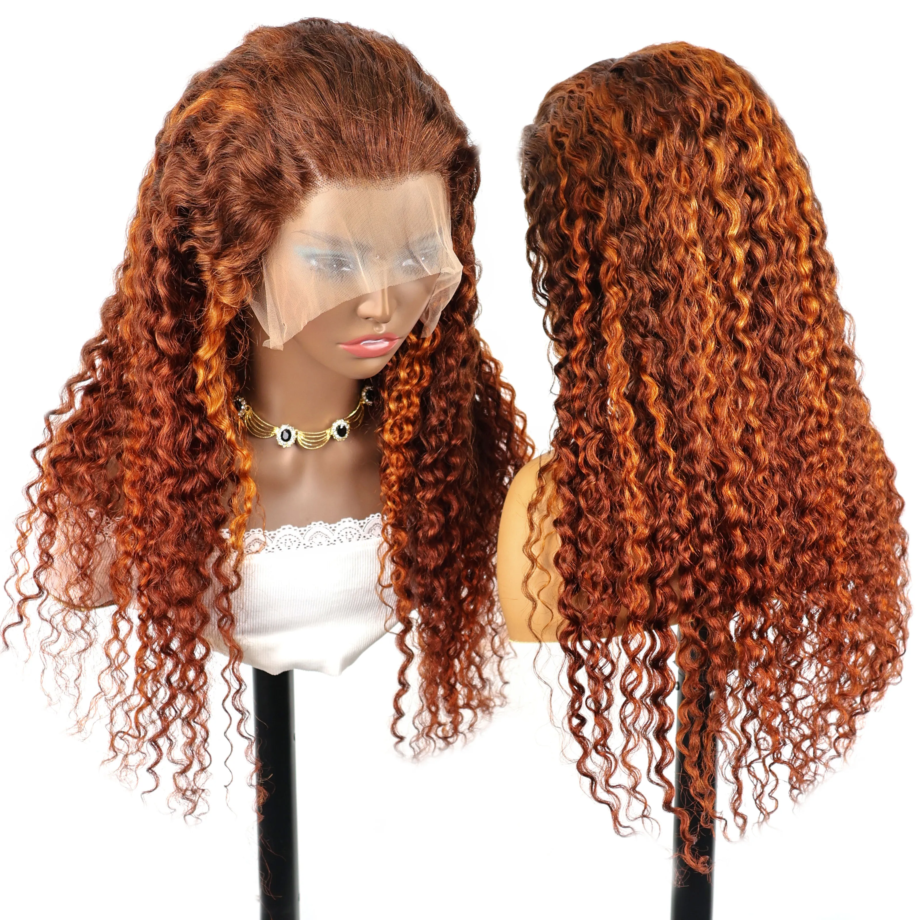 Highlight Ombre Water Wave 13x6 HD Lace Wigs Brazilian Orange Ginger Human Hair Wig Curly Wigs PrePlucked For Women 220% Density