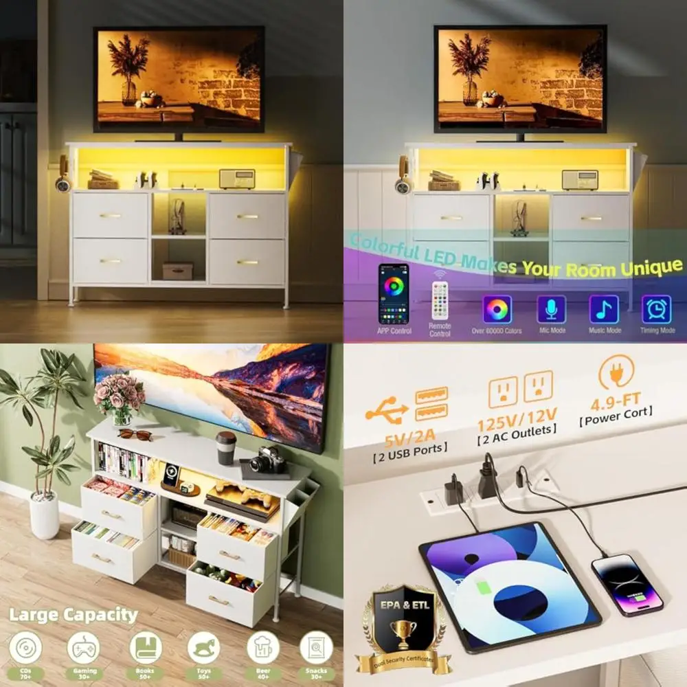 

white 50'' tv stand with led lighting, power outlet, and storage cabinet for entertainment center