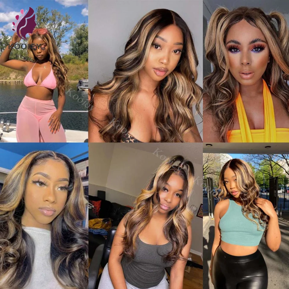 Honey Blonde Brown Highligh 5x5 Silk Top Human Hair Wig Brazilian Body Wave Ombre 13x4 Lace Front Human Hair HD Transparent Wigs