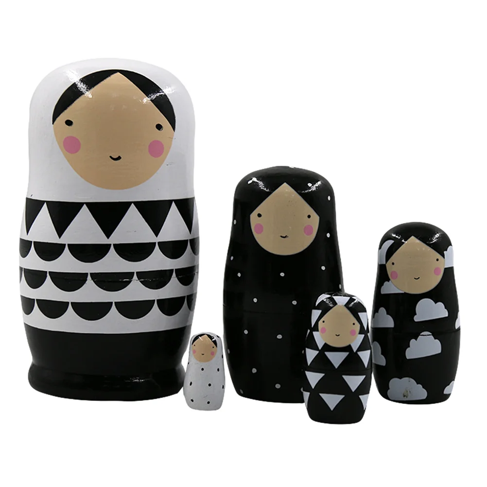 

5 Pcs Black and White Matryoshka Ornaments Regional Style Dolls Kids Nesting Wooden Puzzle Russian Toy Decoration