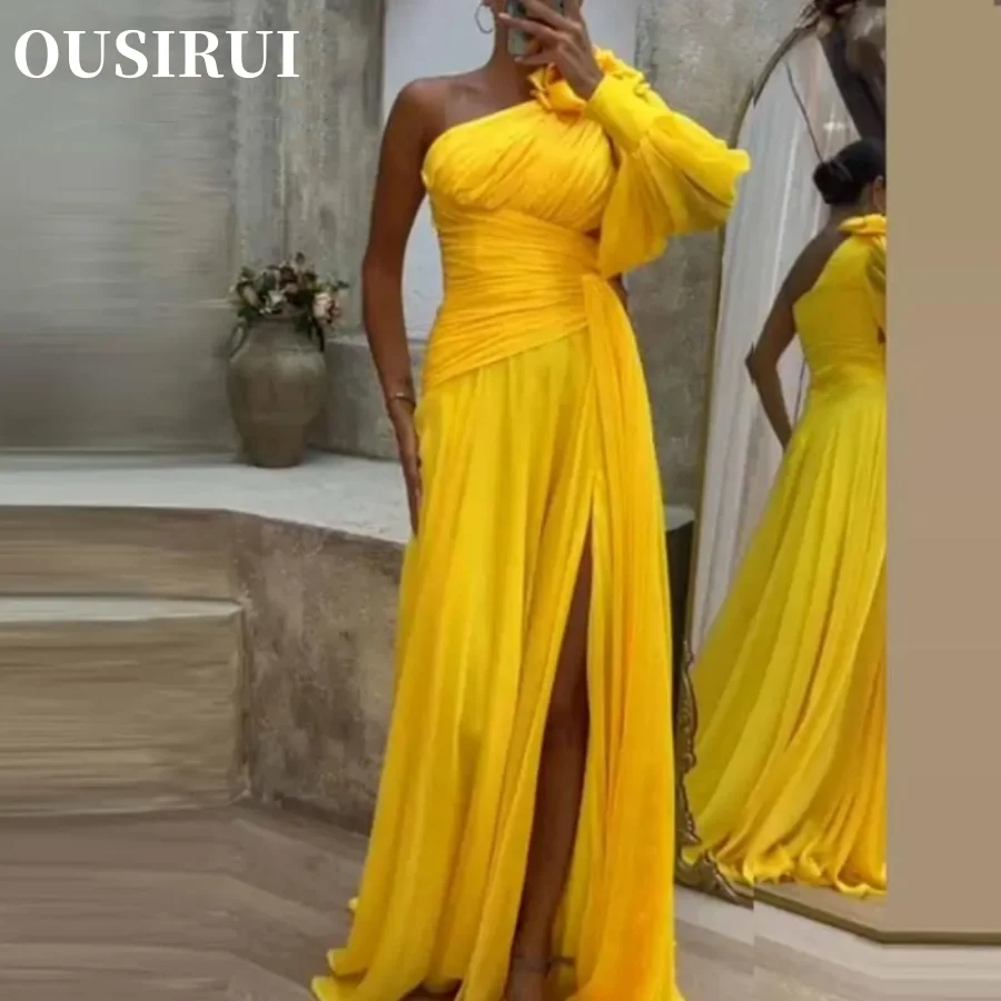 

Evening Dress Women Solid Long Party Dress Elegant One-shoulder Lantern Sleeve Maxi Dress Fashion Gauze Chiffon Pleat High Slit