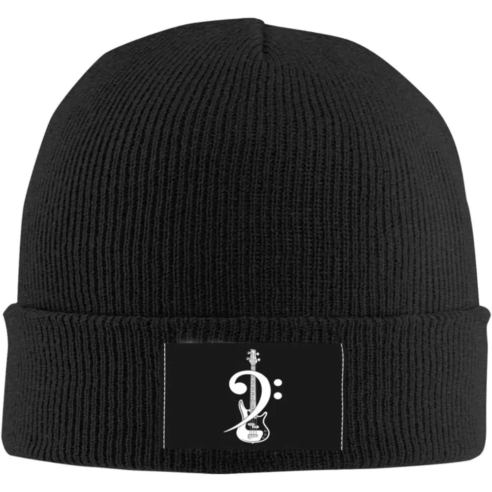 Vintage Bass Clef Bass Guitar Funny Guitar Player Black Beanie Hat for Men Women Winter Warm Hats Knit Hats Skull Cap