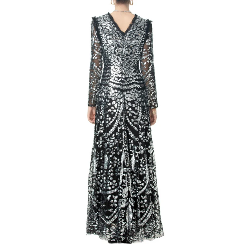 QMQA Fashion Women's Evening Dresses V-neck Silver Sequin Long Sleeved Luxury Banquet Maxi Dress 2025 Spring New Female 1A915