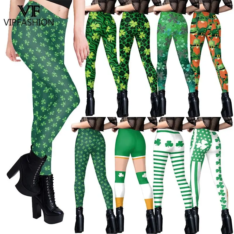 VIP FASHION St. Patrick\'s Day Leggings Women Green Holiday Pants Sexy Elastic Tights Clover Printed Trousers Girls Party Bottom