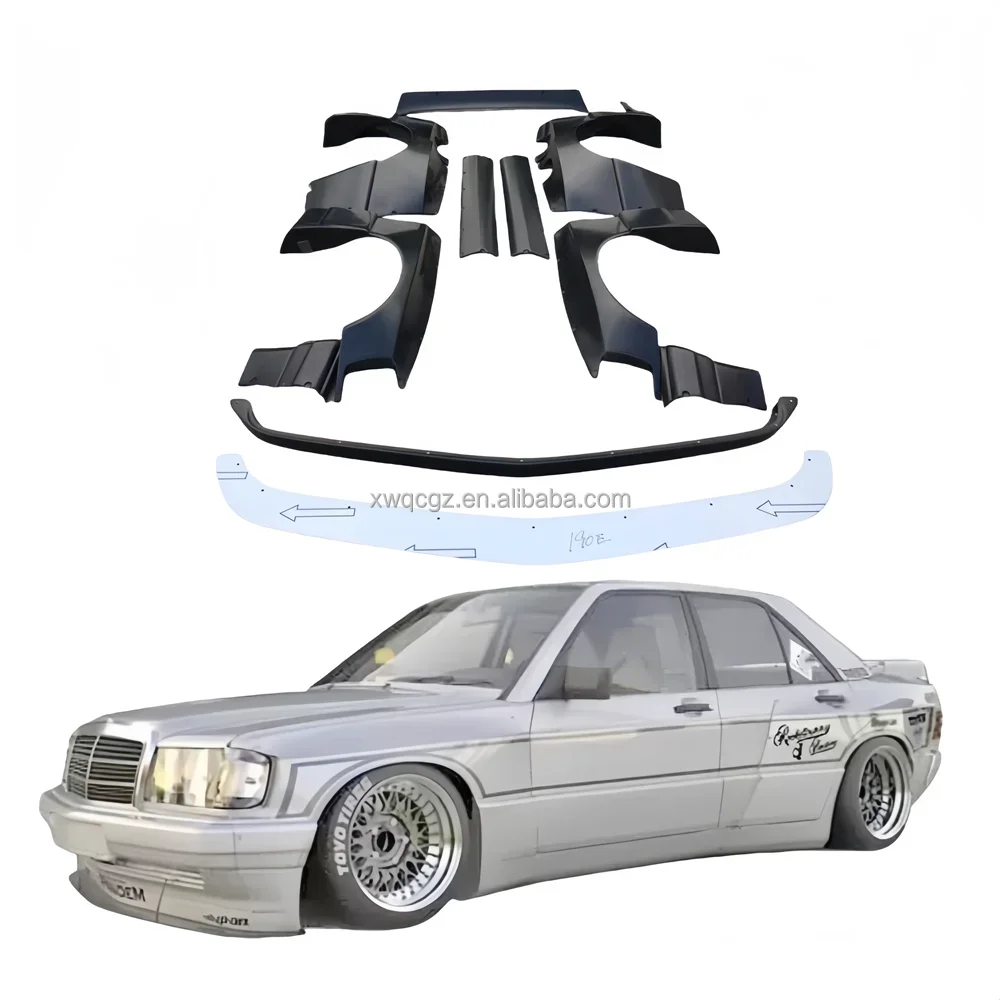 For Mercedes-Benz C-Class W201 190E body kit wide body fenders front diffuser side skirts trunk spoiler bumper rocket