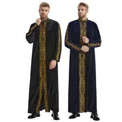 Eid Muslim Islamic Men Jubba Thobe Abaya Dress Velvet Embroidery Kimono Long Robe Saudi Musulman Abaya Caftan Islam Dubai Arab