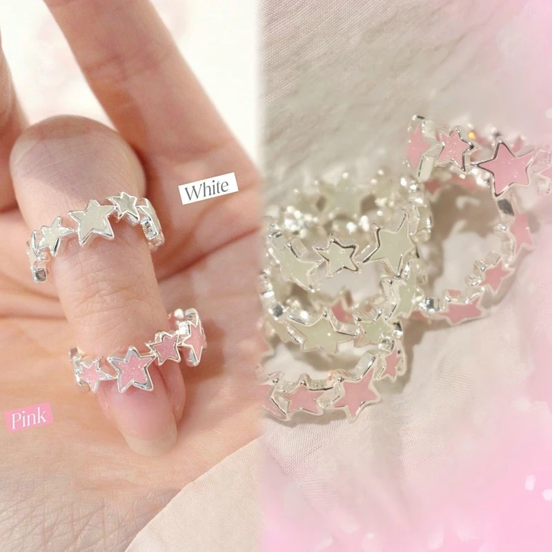 Fashion Pink Glitter Stars Open Rings Y2K Girl Cute Sweet Adjustable Pink Ring Women Vintage Irregular Aesthetics Jewelry