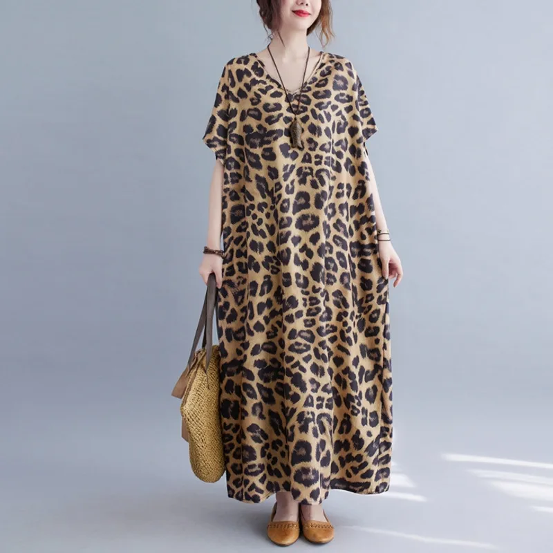 #3354 Leopard Dress Women V-neck Long Dress Female Short Sleeve Loose Vintage Boho Beach Dress Pockets Retro Woman Dress Summer