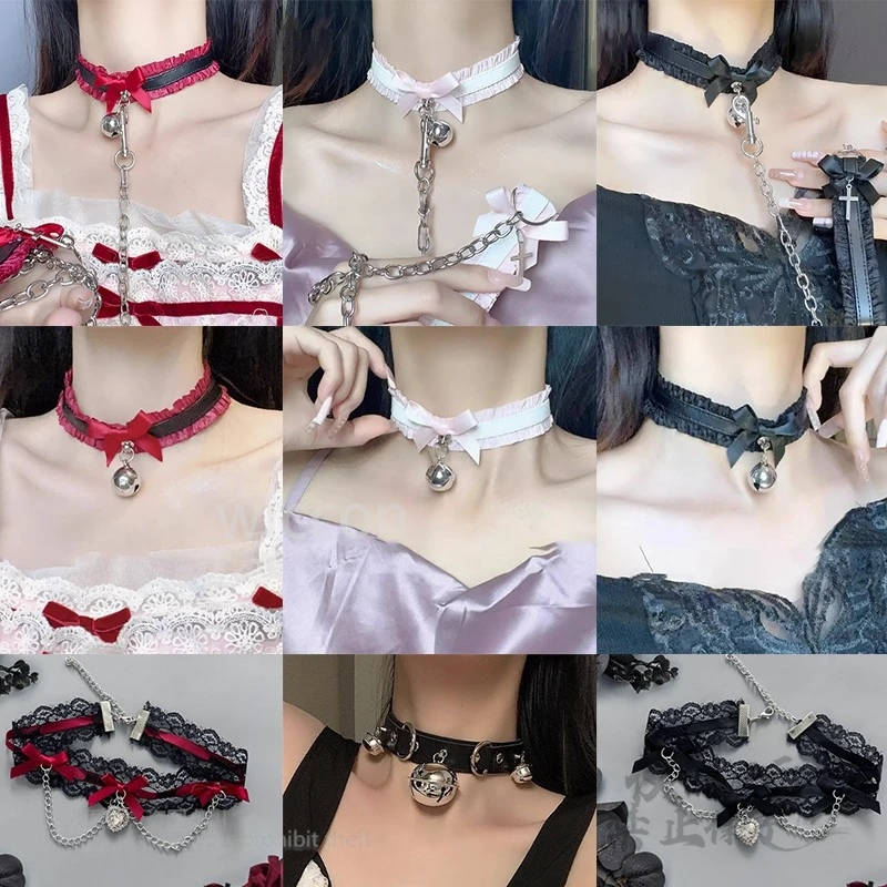 Lolita-Style Lace Choker Pearl Y2K Jirai Kei Rhinestone Lolita Sweet Pearl Necklace Sexy Heart Women Girl Accessory Chain Gothic