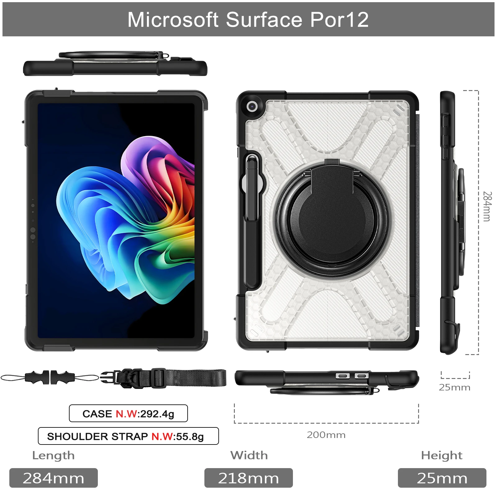 360 Rotation Heavy Duty Hard Case for Microsoft Surface Pro 12 2025 12 inch with Kickstand Shoulder Strap