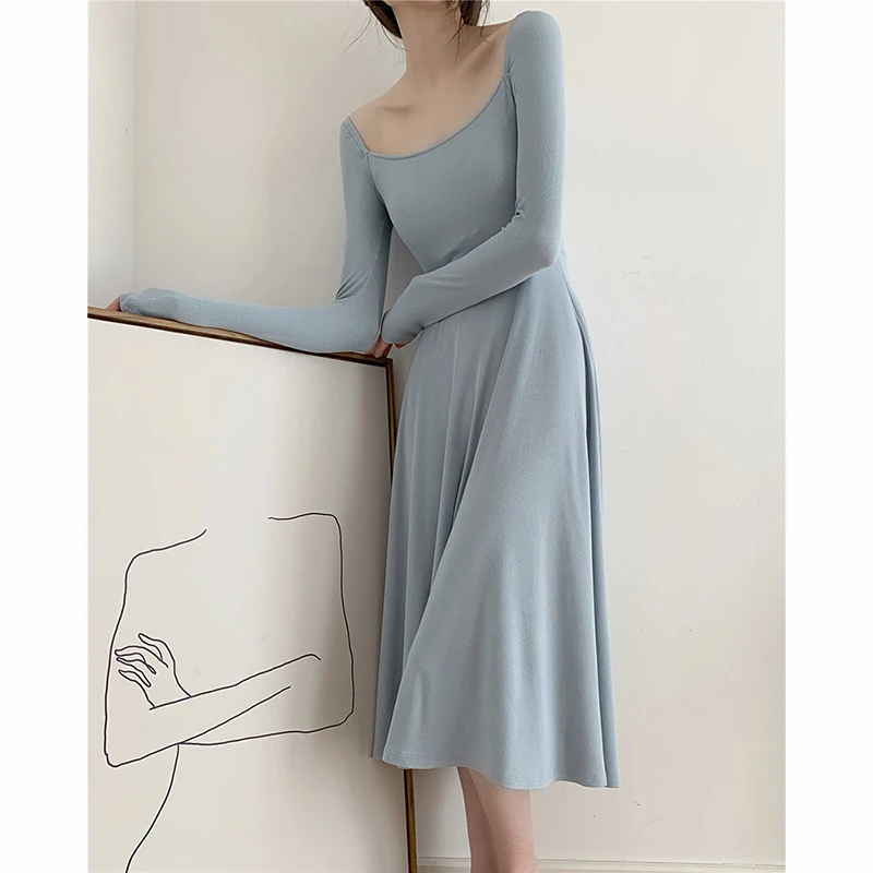 Gidyq Elegant Women Dress Fashion Korean Casual Slim Fit Female Midi Dresses All Match Stretch Sexy Long Sleeve A Line Dress