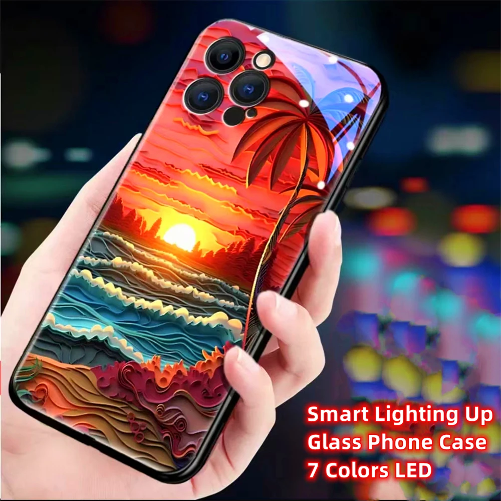 Luminous Tropical Beach Sound Music Control Led Light Phone Case Glitter Cover For iPhone 15 14 13 12 11 Pro Max XR XS Plus 7 8