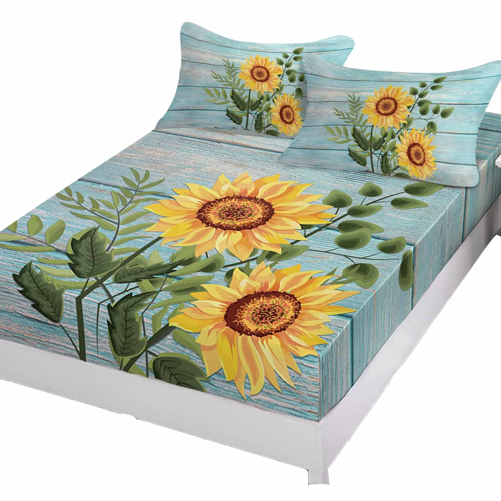 Sunflower Planks Retro Leaves Polyester Fitted Sheet Mattress Cover Four Corners Elastic Band Bed Sheet Pilllowcase