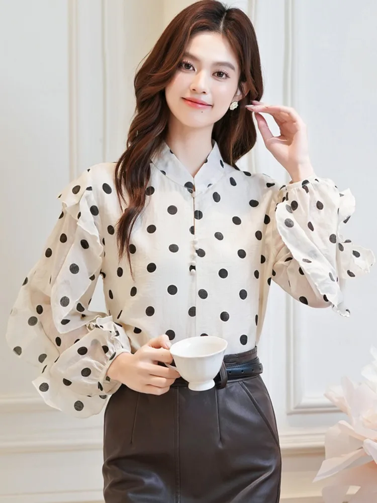 

Длинная шифоновая блузка в горошек, женская весенне-осенняя новая дизайнерская блузка с кружевной отделкой, топ прямого кроя