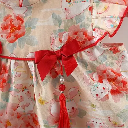 Chinese Style Baby Girl Summer New Dress Sweet And Cute Little Bunny Flying Sleeve Qipao Princess Dress Suitable For Ages 0-3