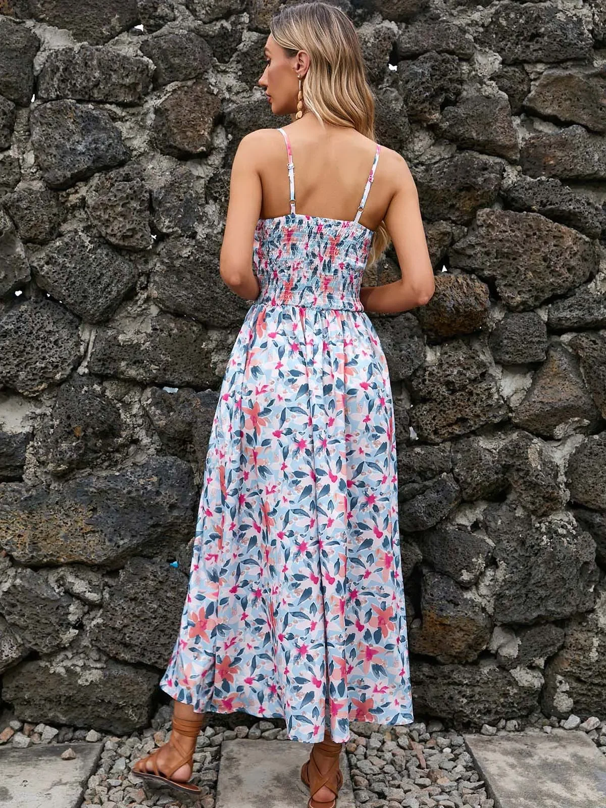 Bohemian Printed V-Neck Dresses Mid Length Floral Women Fashion Slim Slip Dress Streetwear Daily Sexy Lady Spring Summer