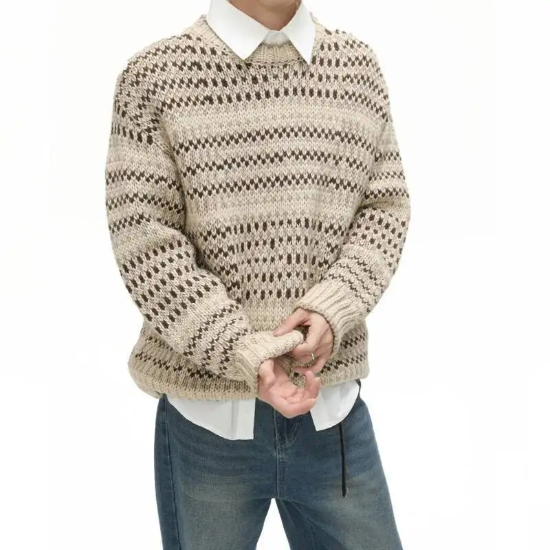 

Niche Design Men's Sweaters Round Collar Contrast Color Patchwork Knitting Tops 2025 Autumn Male Pullover Tops Trendy