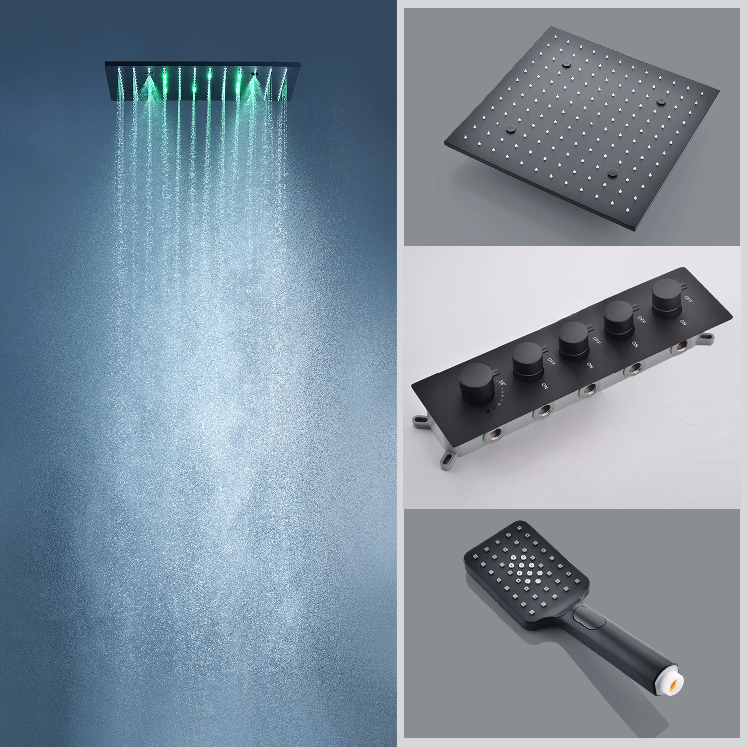 LED Shower Faucets Set Mist Rainfall Shower Panel Body Jets Massage 16 INCH Thermostatic System