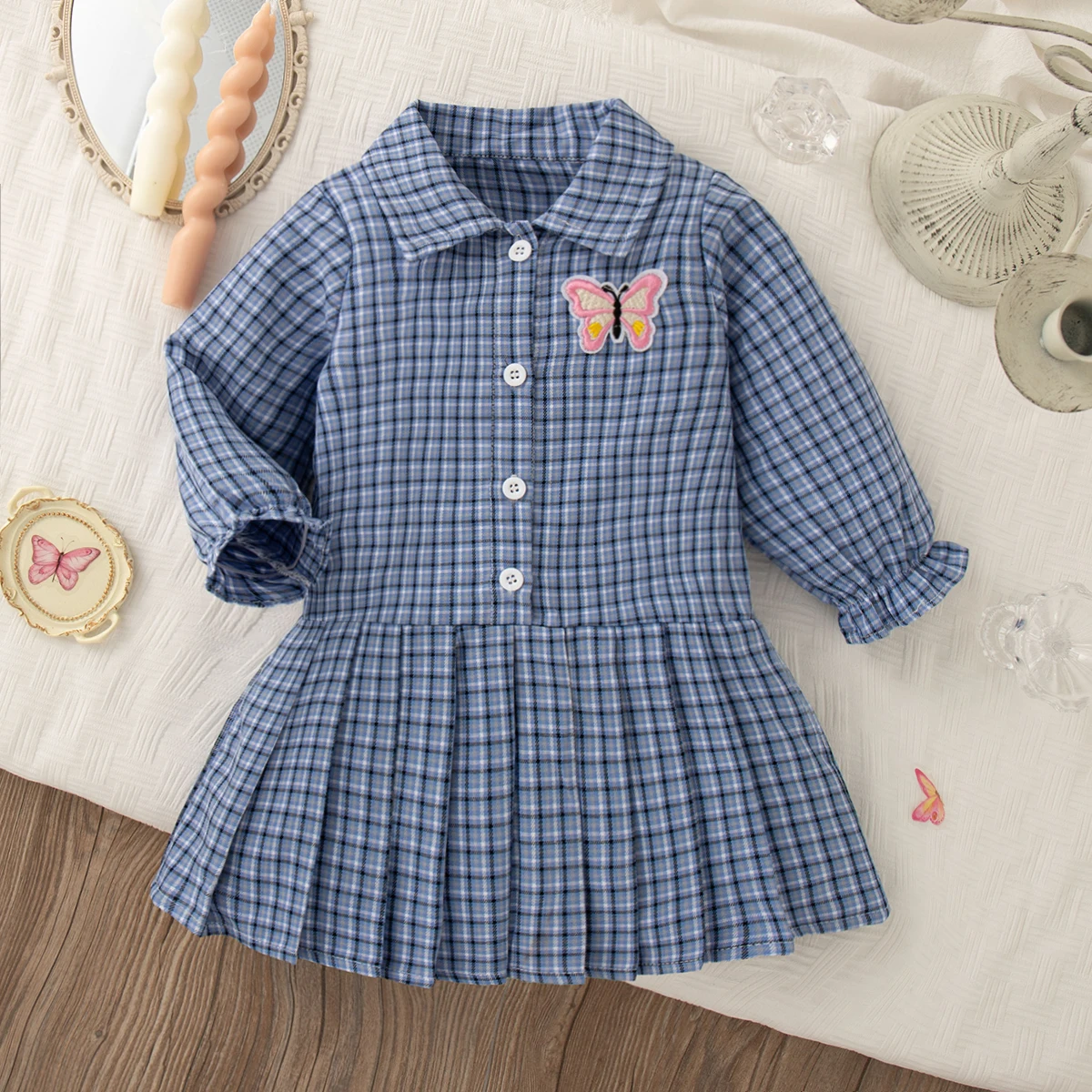 Autumn New Back To School Season College Style Baby Girl Dress Sweet Blue Checkered Girl Long Sleeved Dress Children's Clothing