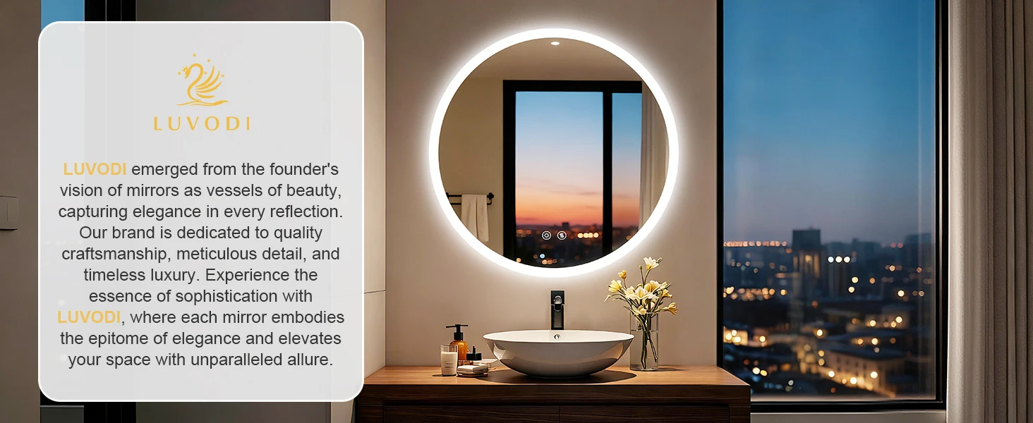 Round LED Bathroom Mirror 500 600 700 800 900mm Wall Vanity Mirror with Aluminum Frame, Anti-Fog, Stepless Dimming, 3000K/4000K/6000K,Memory Function, Backlit, Dual Buttons