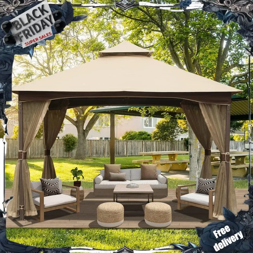 

10'x13' Gazebo, Outdoor Gazebo with Mosquito Netting, Metal Frame Double Roof Soft Top Patio Gazebo Canopy Tent for Deck