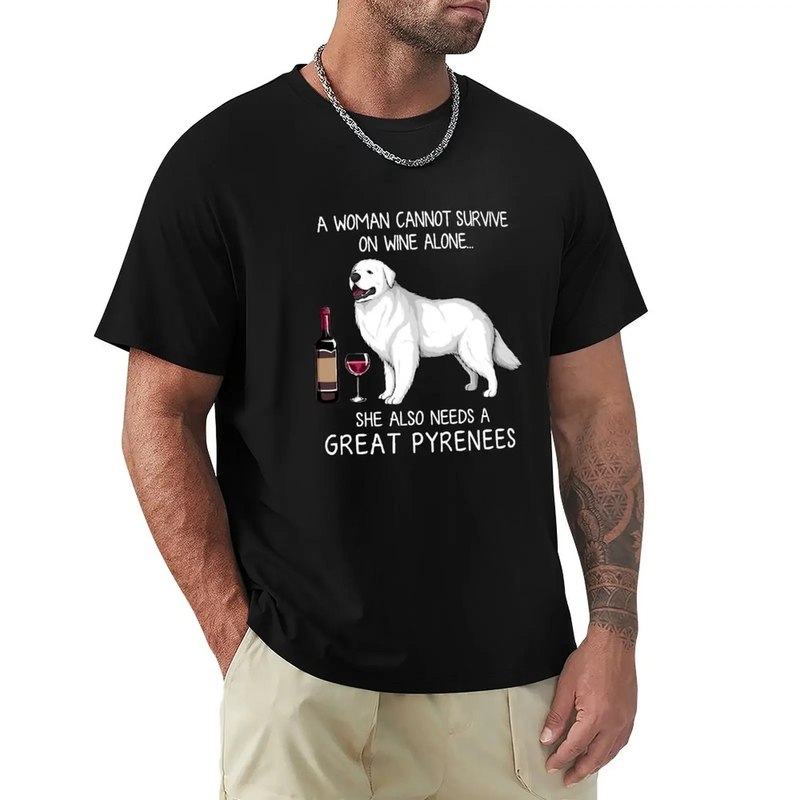 Great Pyrenees and wine Funny dog T-Shirt tops korean fashion vintage clothes Men's t shirts