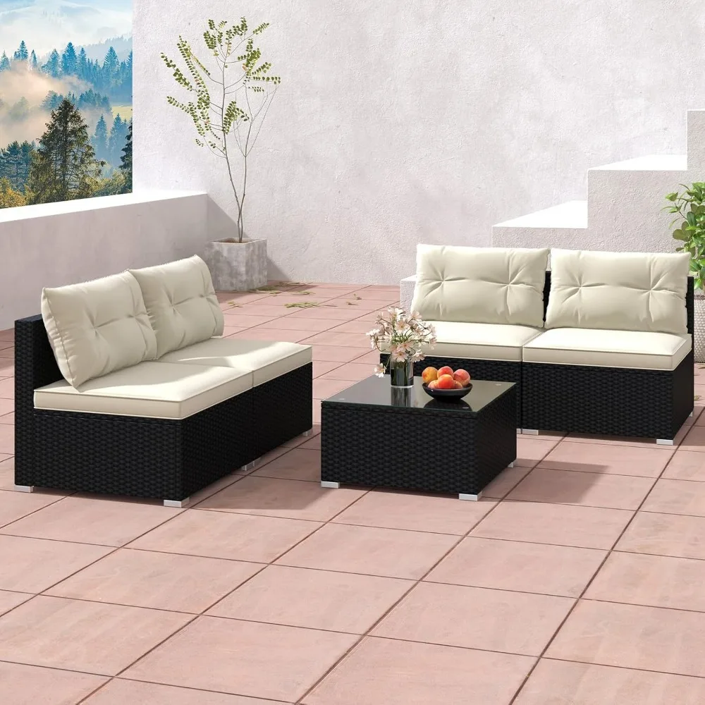 

5 Piece Rattan Sofa Set, Patiojoy Outdoor Wicker Furniture Set With Seat & Back Cushions, Square Coffee Table, Patio