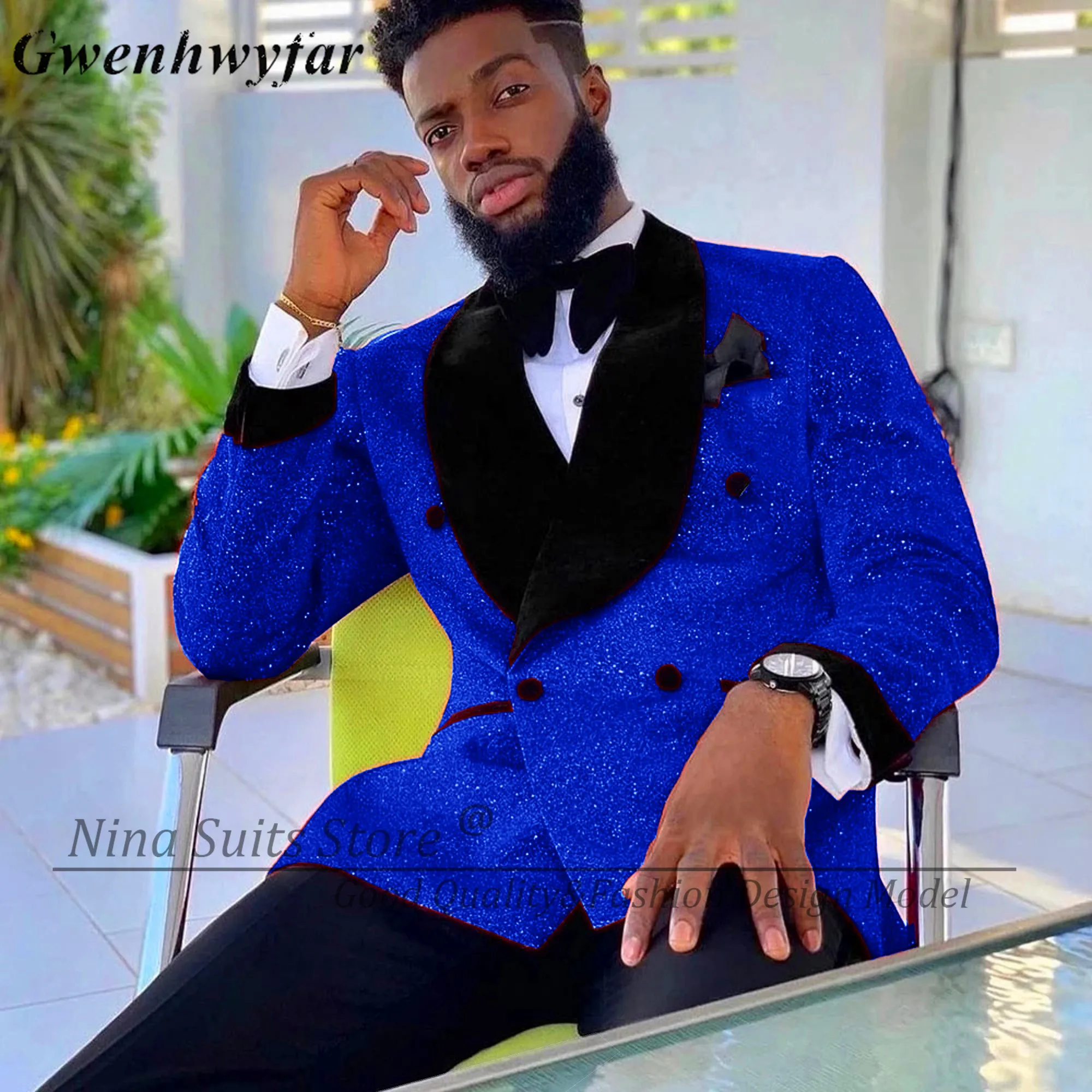 

Gwenhwyfar Shiny Royal Blue Glitter Men Suits Evening Party Wear Black Velvet Lapel Blazer 2023 Cool Groomsmen Wedding Tuxedos