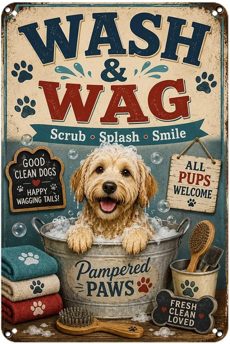 Wash and Wag Dog Bath tin Sign, Vintage Pampered Paws Pet Grooming Metal Signs Aesthetic for Home, Bedroom, Kitchen, Bar, Garden