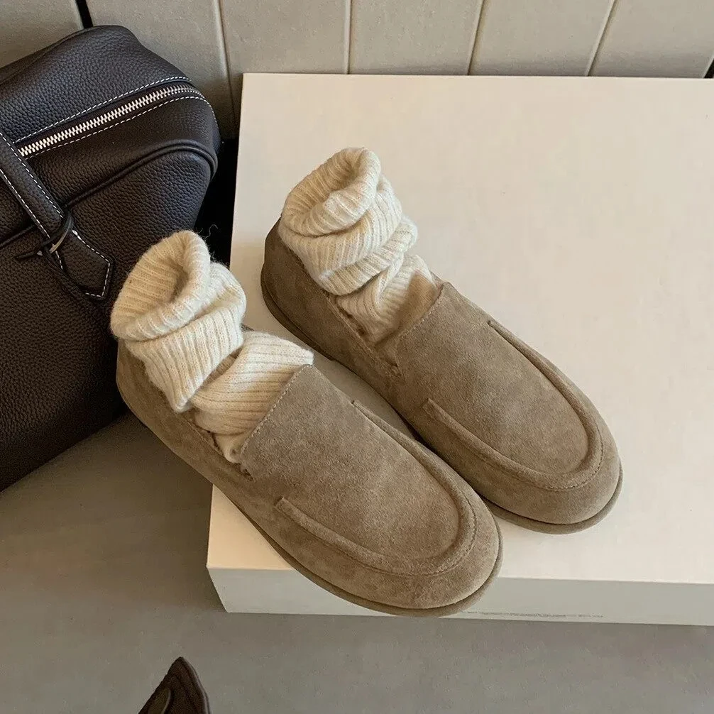 

Trendy Suede Leather Loafers for Women Round Toe Slip-on Casual Flat Shoes Winter Fleece-Lined Thickened Loafers Outdoors Walk