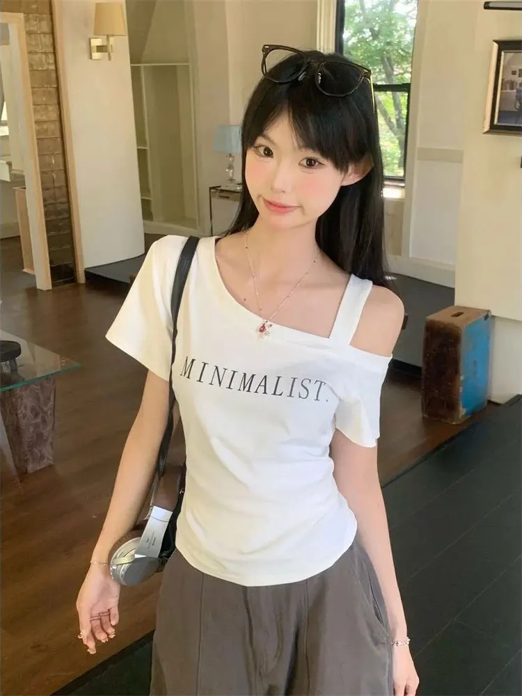 Off Shoulder Short Sleeve Tee Women One Shoulder T Shirt Solid Color Casual Plain Tshirt Elegant Lady Basic Blouse White Black