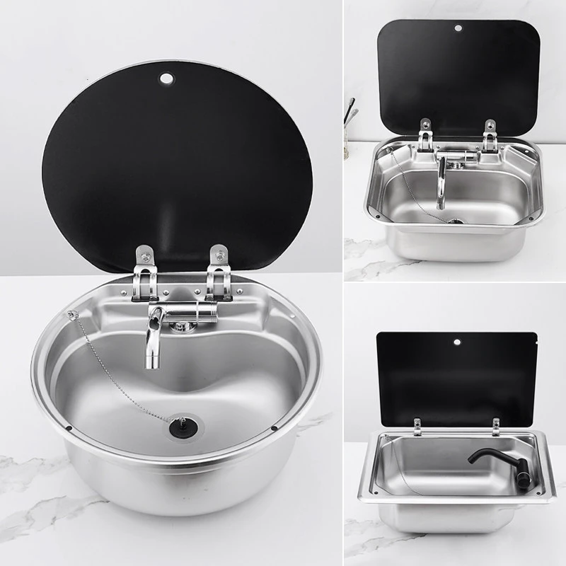 304 Stainless Steel Round RV Sink With Folding Faucet And Tempered Glass Lid For Camper Boat Caravan Galley Kitchen