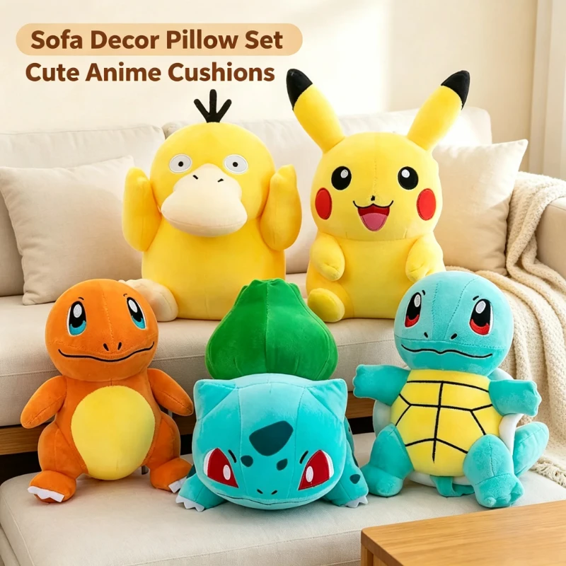 Cute Pikachu Charmander Bulbasaur Squirtle Stuffed Plush Cushion, Soft Anime Throw Pillow, Bedroom Sofa Christmas Birthday Gift