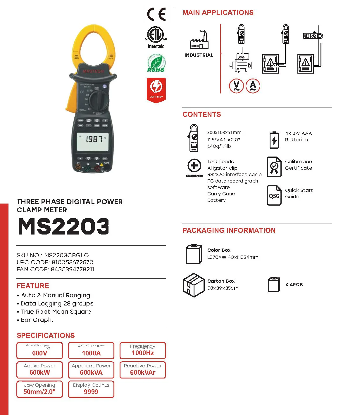 MASTECH MS2203 MS2205 Power meter Wattmeter 3-Phase professional High Sensitivity Clamp Meter Power Factor Correction USB