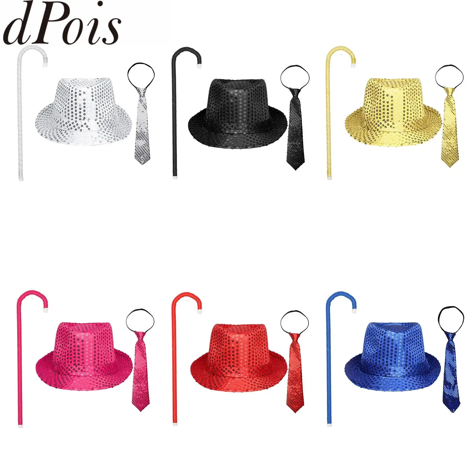 3 pçs brilhante lantejoulas jazz chapéu retro trajes de discoteca acessório chapéu fedora com gravata cana para crianças adulto halloween cowboy festa conjunto