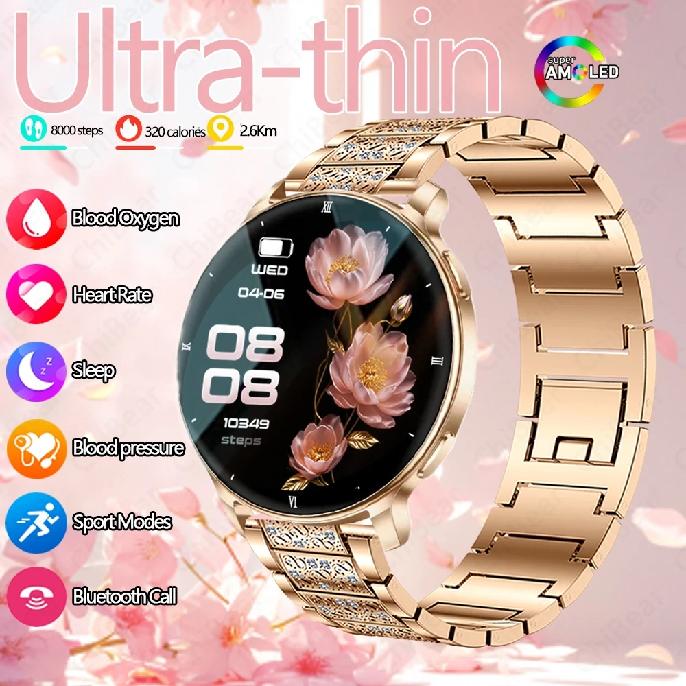 Novo Smartwatch Ultrafino de 7,6mm para Mulheres com Monitoramento de Saúde, Lanterna para Atividades ao Ar Livre, Monitoramento do Sono e Chamada Blu