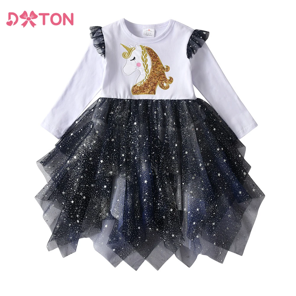 DXTON Sequined Unicorn Children Dresses Irregular Mesh Tutu Skirts Flying Sleeve Princess Dress For Girls Autumn Winter Clothing