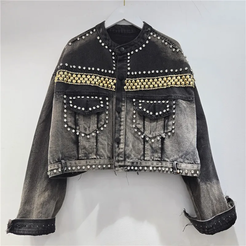 

Heavy Work Rivet Beaded Diamond Black Contrast Color Short Denim Jacket Fashion Stand-Up Collar Long Sleeve Cowboy Outerwear
