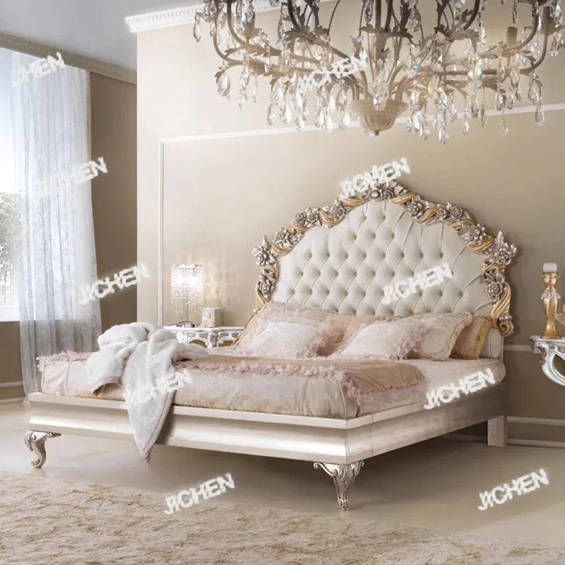 

ZQ Главная Спальня Двуспальная Кровать Европейский Каркас Резная Кожа Французская Золотая Фольга Свадебная Кровать Спальня Queen Bed