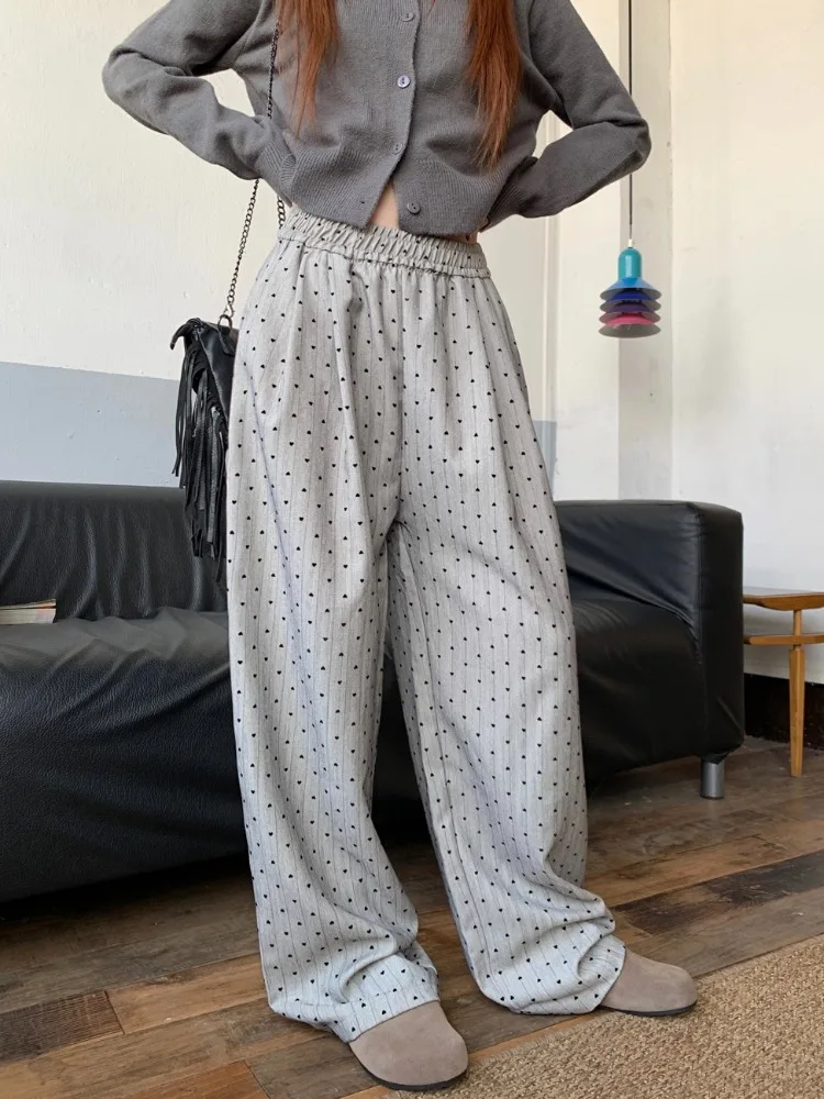 

Korobov Gray Love Casual Pants Women's Clothing Pantalones De Mujer Autumn Loose Wide Leg Pants Straight Leg Long Trousers