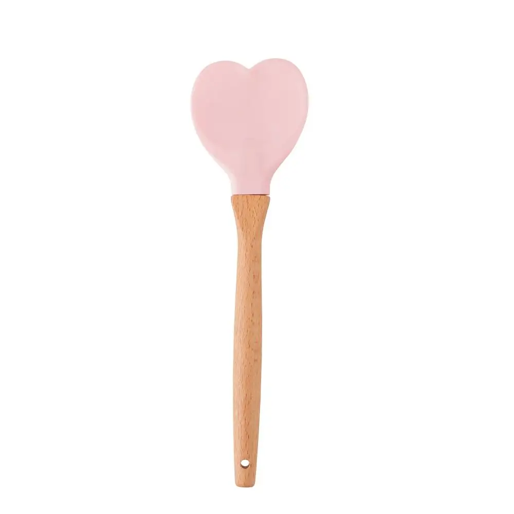 Silicone Spoon C/Pink Heart Bamboo Cable 27Cm