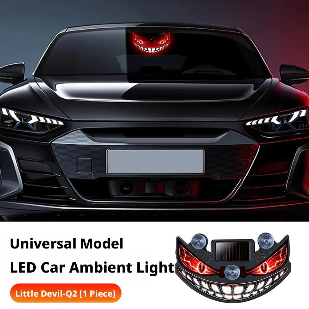 Car Devil Face LED Warning Light Solar Vibration Sensor Auto Rear Window Decor Lamp Type-C Charging Universal Car Ambient Light