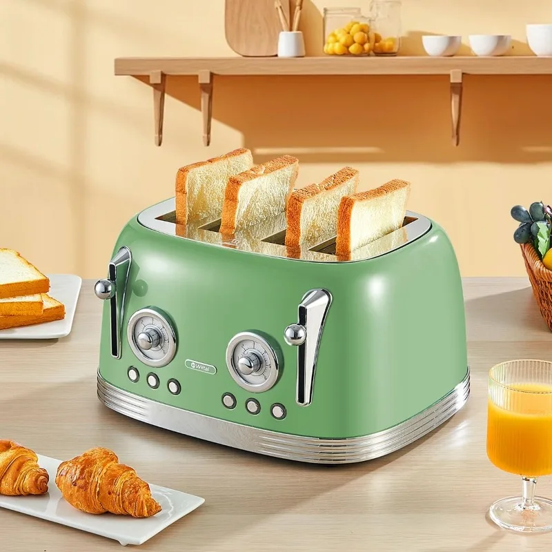 

Retro Toaster 4 Slice with Stainless Steel Lid. Reheat, Defrost and Cancel Functions, Countdown Function, 6 Browning Levels