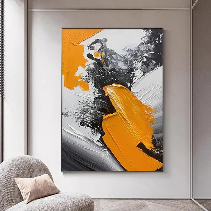 Modern abstract painting, orange poster, geometric canvas painting, vertical mural, wall decoration painting can choose frame